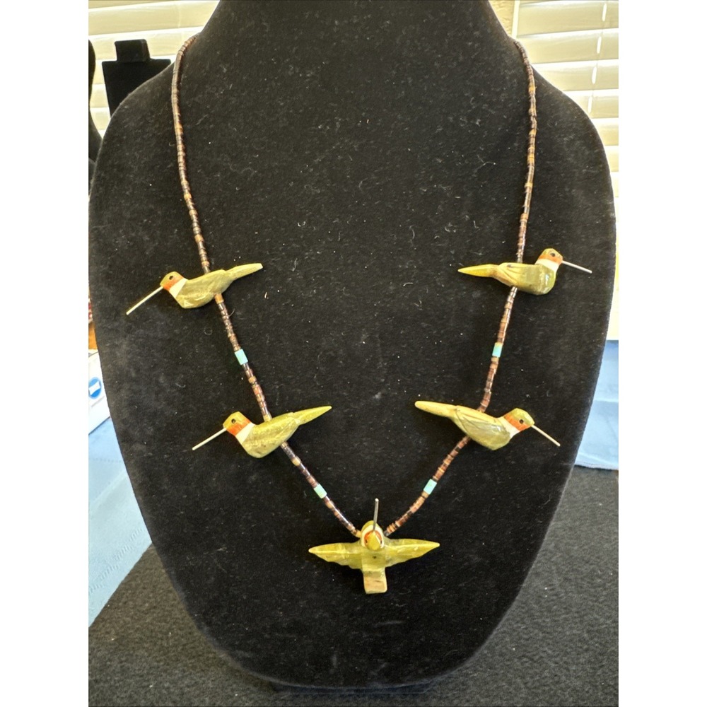 Lovely Carved Green Stone Hummingbird Heishi Fetish Necklace Matt Mitchell VNTG